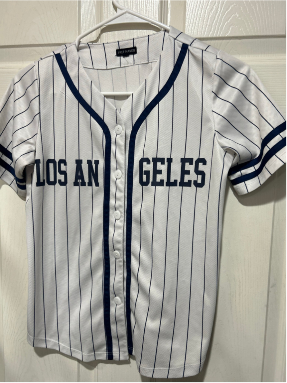 Boys Free Haven Los Angeles Baseball Jersey White Navy Blue Size 16 - Picture 3 of 5